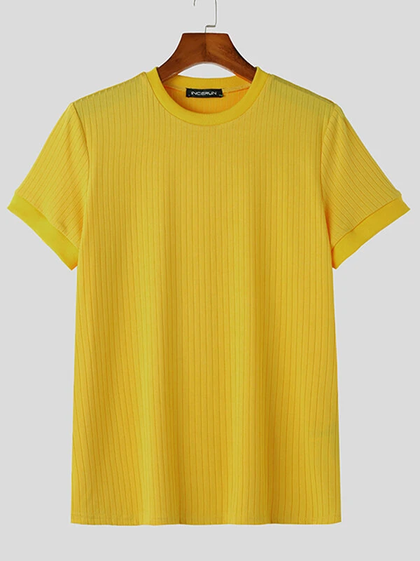 INCERUN Plus Size Men Solid Color Knitted T-shirt Summer Daily Casual Tee Men's Top