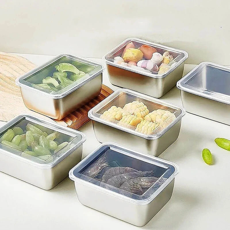 6Pcs/set Sealed Storage Box Set with Lid 316 Stainless Steel Fresh-Keeping Box Vegetables Fresh Refrigerator Food Kitchen Organizer Storage Container Crisper