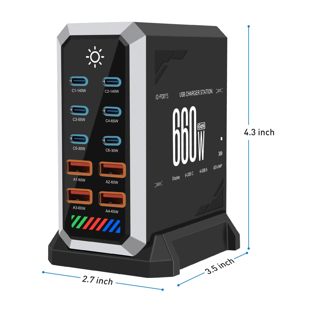 [GaN Tech] 660W 10-Port USB PD Charger 6USB-C+4USB-A QC 140W PD 3.1 Fast Charging Desktop Charging Station for iPhone 16 16 Pro 15 14 13 Pro Max for MacBook Pro for Airpods for Apple Watch  for iPad
