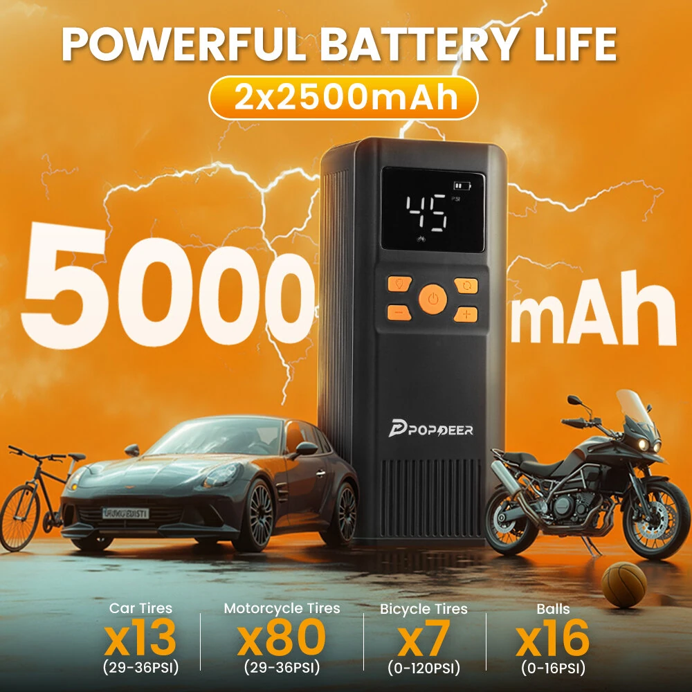 POPDEER PD-AP1 5000mAh 22.2Wh Wireless Car Air Compressor 12V 150PSI Portable Car Tire Inflator Smart Digital Inflatable Pump For Car Bicycle Boat Air Pump