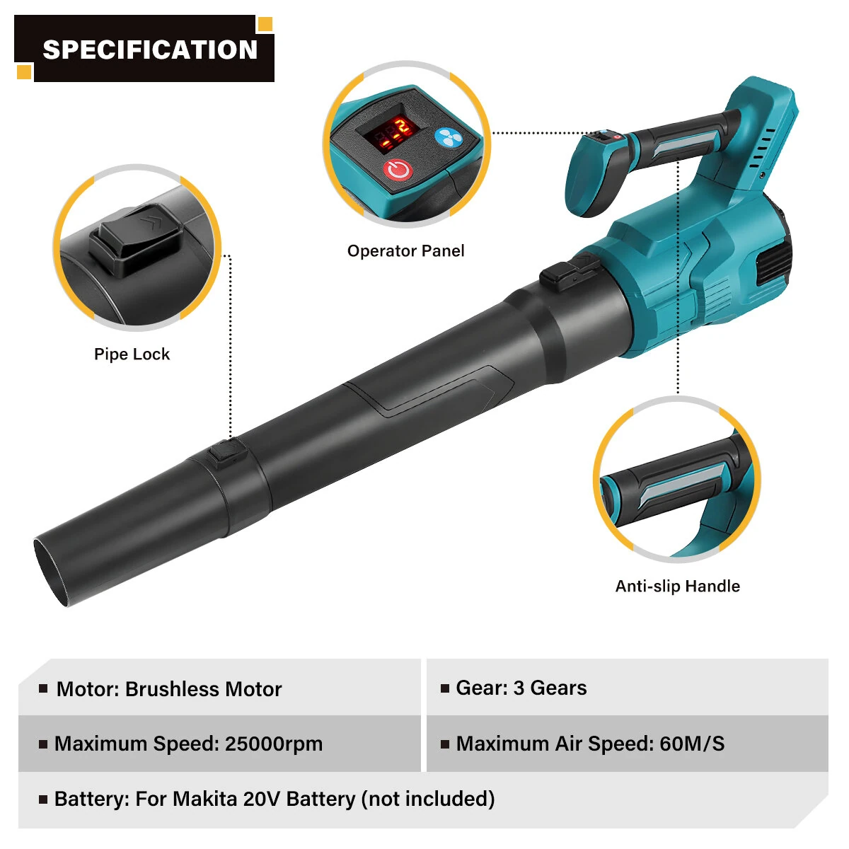 Drillpro Brushless Motor Electric Turbo Blower 3 Gears 25000rpm 60M/S Air Speed for 20V Battery Leaf Blower Garden Tools