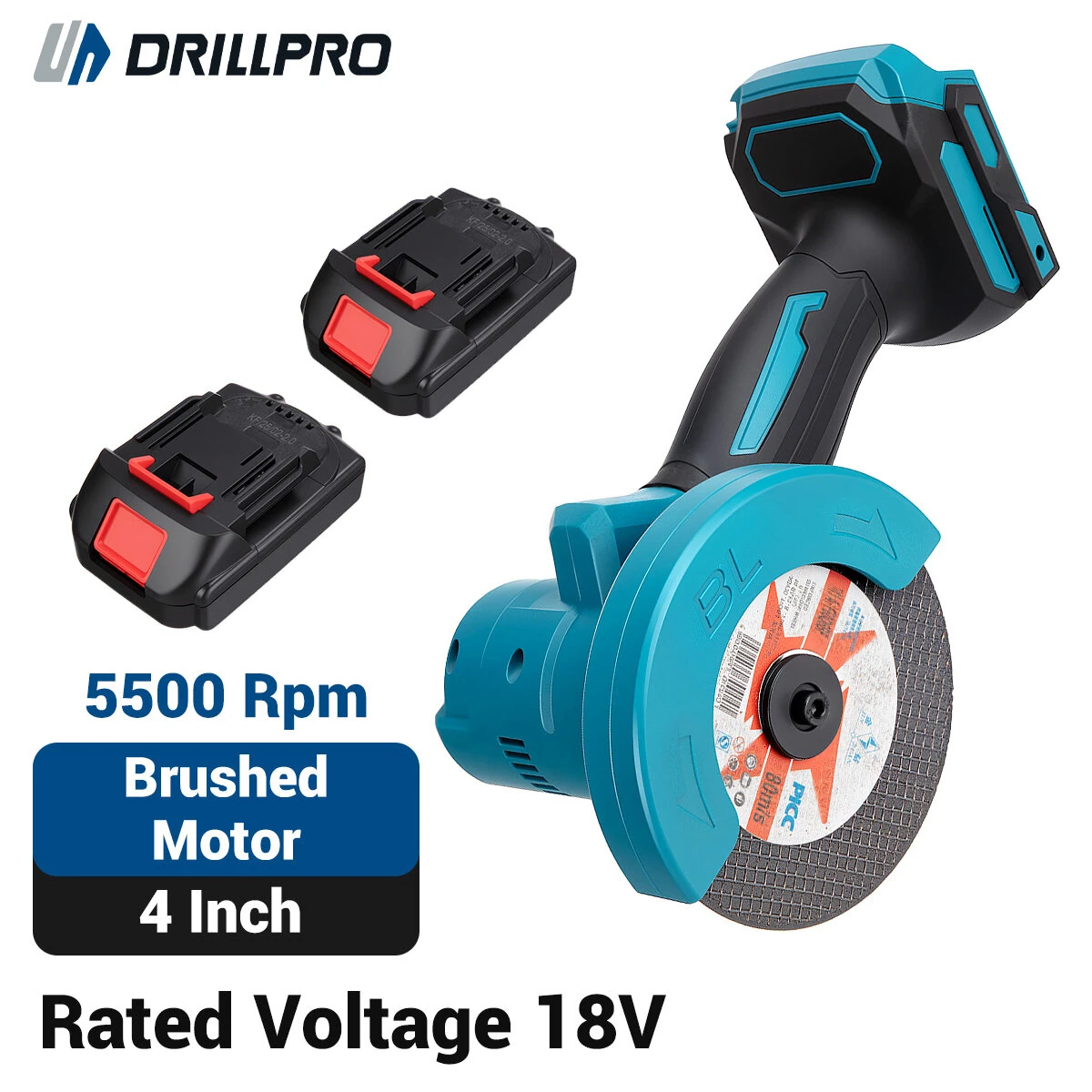Drillpro 18V Brushed Angle Grinder 4 Inch Cutting Tool 300W Power 5500RPM High Speed Electric Grinder Cordless Compact Handheld Grinding Machine