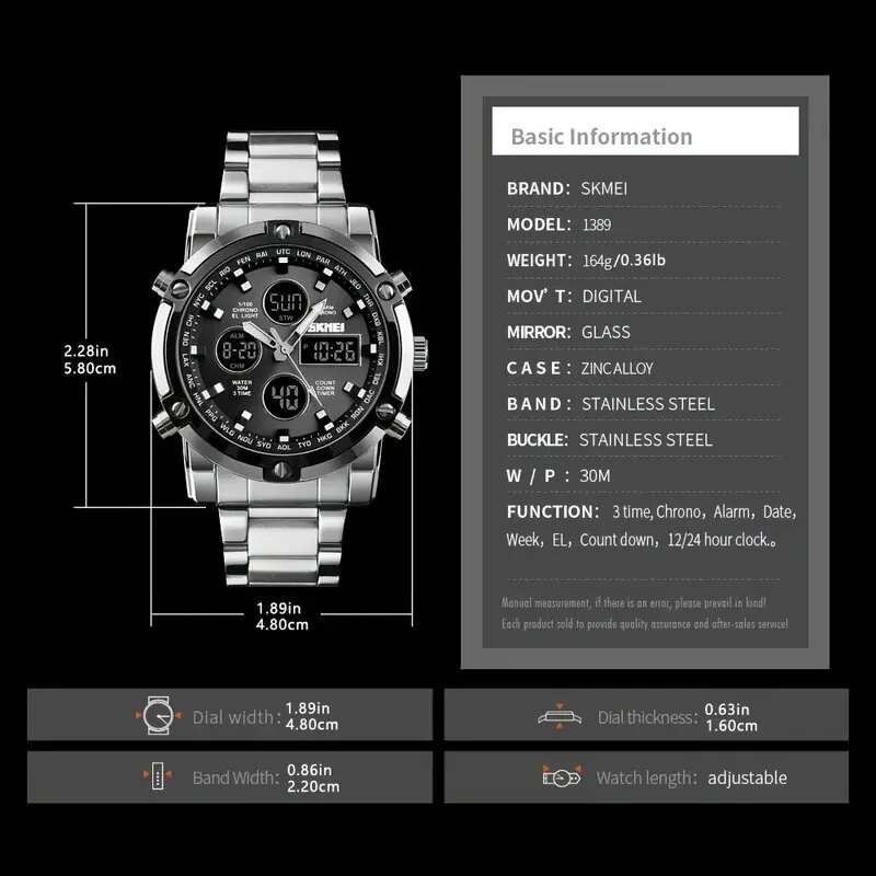 SKMEI Men's Sport Digital Watches Fashion Stopwatch Dual Display Watch 3 Time Countdown Wrist Watch
