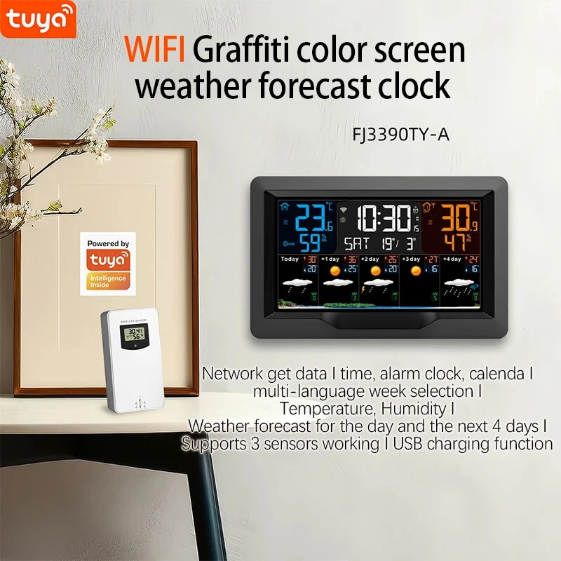 Tuya WIFI Smart Weather Station Color Screen APP Control Weather Alarm Clock Indoor and Outdoor Temperature Humidity Meter FJ3390TY