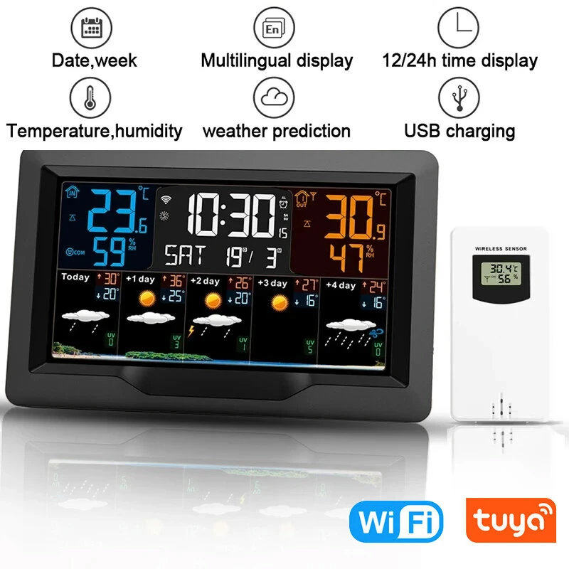 Tuya WIFI Smart Weather Station Color Screen APP Control Weather Alarm Clock Indoor and Outdoor Temperature Humidity Meter FJ3390TY