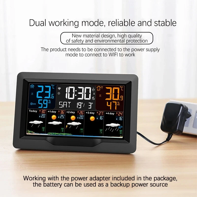 Tuya WIFI Smart Weather Station Color Screen APP Control Weather Alarm Clock Indoor and Outdoor Temperature Humidity Meter FJ3390TY