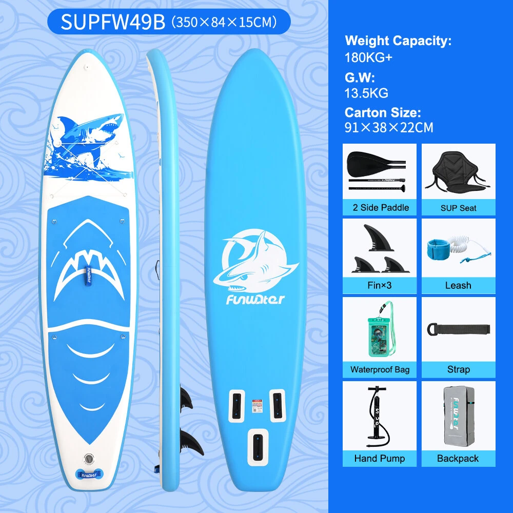 [EU Direct] FunWater 350*84*15CM Inflatable Stand Up Paddle Board Perfect Surfboard For Surfing Touring Yoga Fishing Unisex Adult Paddle Board With Seat, Adjustable Paddle, Pump, ISUP Travel Backpack, Leash, Waterproof Bag, SUPFW49A,SUPFW49B,SUPFW49C