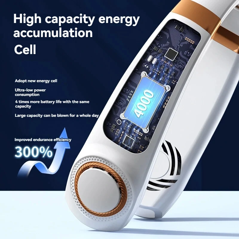 1800mAh Portable Hanging Neck Fan  Top Version  Battery Display Colorful Breathing Light Portable Halterneck Fan USB Handheld Silent Multi-function Bladeless Mini Electric Fan