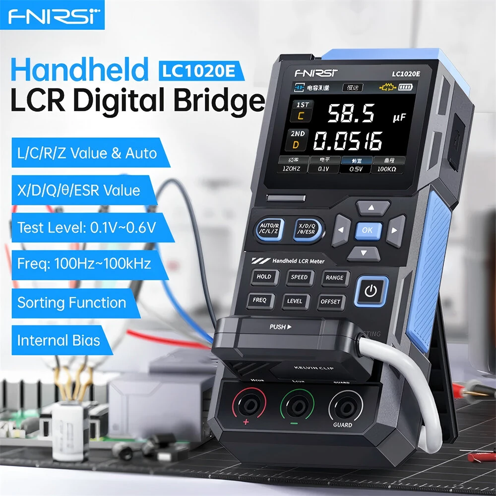FNIRSI LC1020E Handheld LCR Bridge Tester 100Hz to 100kHz Precision Frequency Auto Calibration Dual Parameter Display USB Type-C Accurate Capacitance Resistance Inductance Measurement Tool