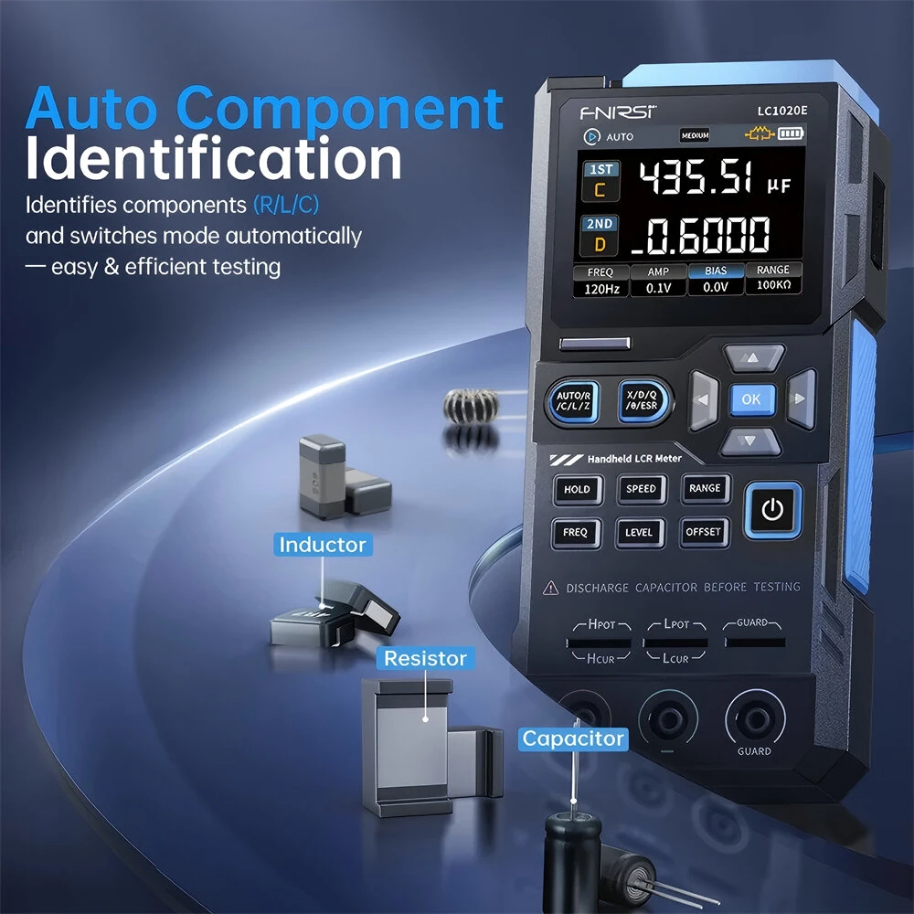 FNIRSI LC1020E Handheld LCR Bridge Tester 100Hz to 100kHz Precision Frequency Auto Calibration Dual Parameter Display USB Type-C Accurate Capacitance Resistance Inductance Measurement Tool