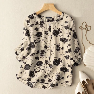ZANZEA Women Flowers Print Shirt Ruffled stand-up Collar Design Vintage Blouse Medium-length Sleeve Plus Size Blouse Tops for Women