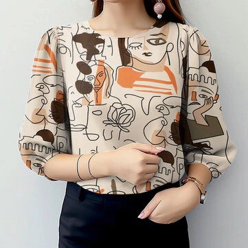 ZANZEA Women OL Work Elegant Blouses ShirtCrew Neck 3/4 Sleeve Printed Elegant Ladylike Tops Shirt