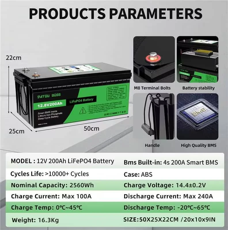 [EU Direct] DATOUBOSS Lifepo4 Battery 12V 100Ah/200Ah/300Ah Built-in Intelligent BMS, >10000 Deep Cycles, Support Series/Parallel , for Marine/RV/Golf Cart/Home Car Battery/Hybrid Solar Inverter