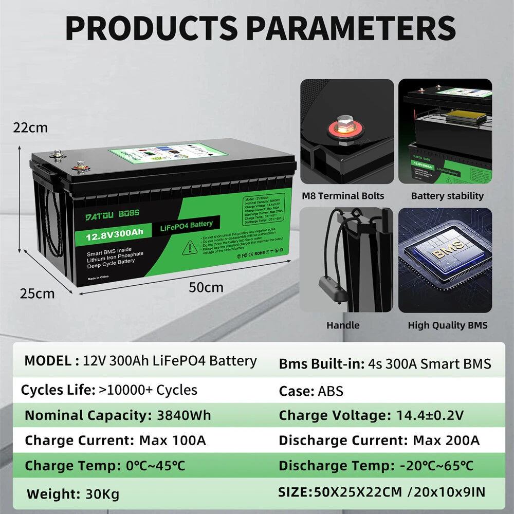 [EU Direct] DATOUBOSS Lifepo4 Battery 12V 100Ah/200Ah/300Ah Built-in Intelligent BMS, >10000 Deep Cycles, Support Series/Parallel , for Marine/RV/Golf Cart/Home Car Battery/Hybrid Solar Inverter