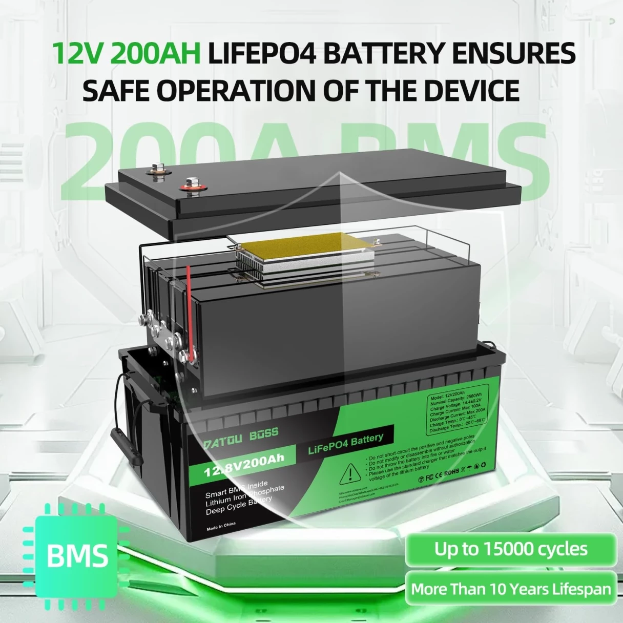 [EU Direct] DATOUBOSS Lifepo4 Battery 12V 100Ah/200Ah/300Ah Built-in Intelligent BMS, >10000 Deep Cycles, Support Series/Parallel , for Marine/RV/Golf Cart/Home Car Battery/Hybrid Solar Inverter