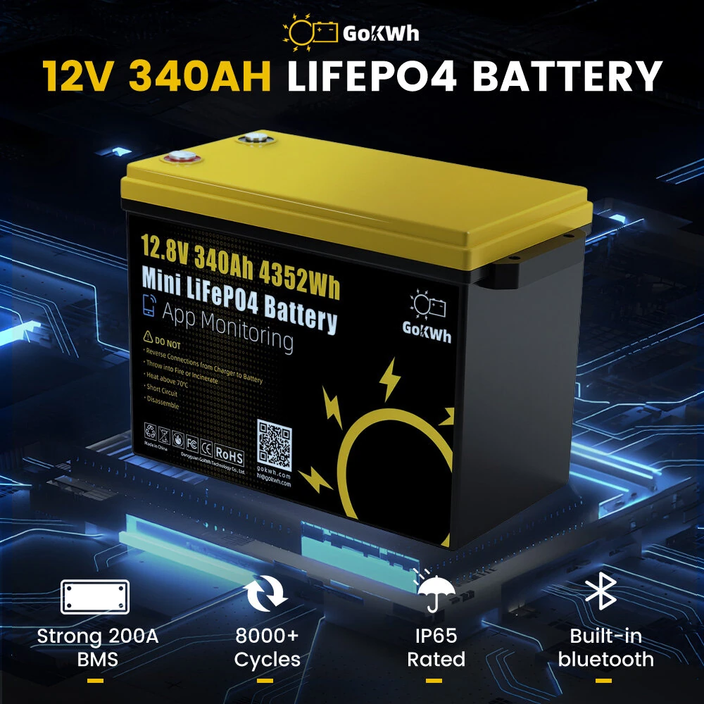 GOKWH 12V 340AH Vehicle Storage Box 4352Wh Mini LiFePO4 Battery Built-in 200A Bluetooth BMS