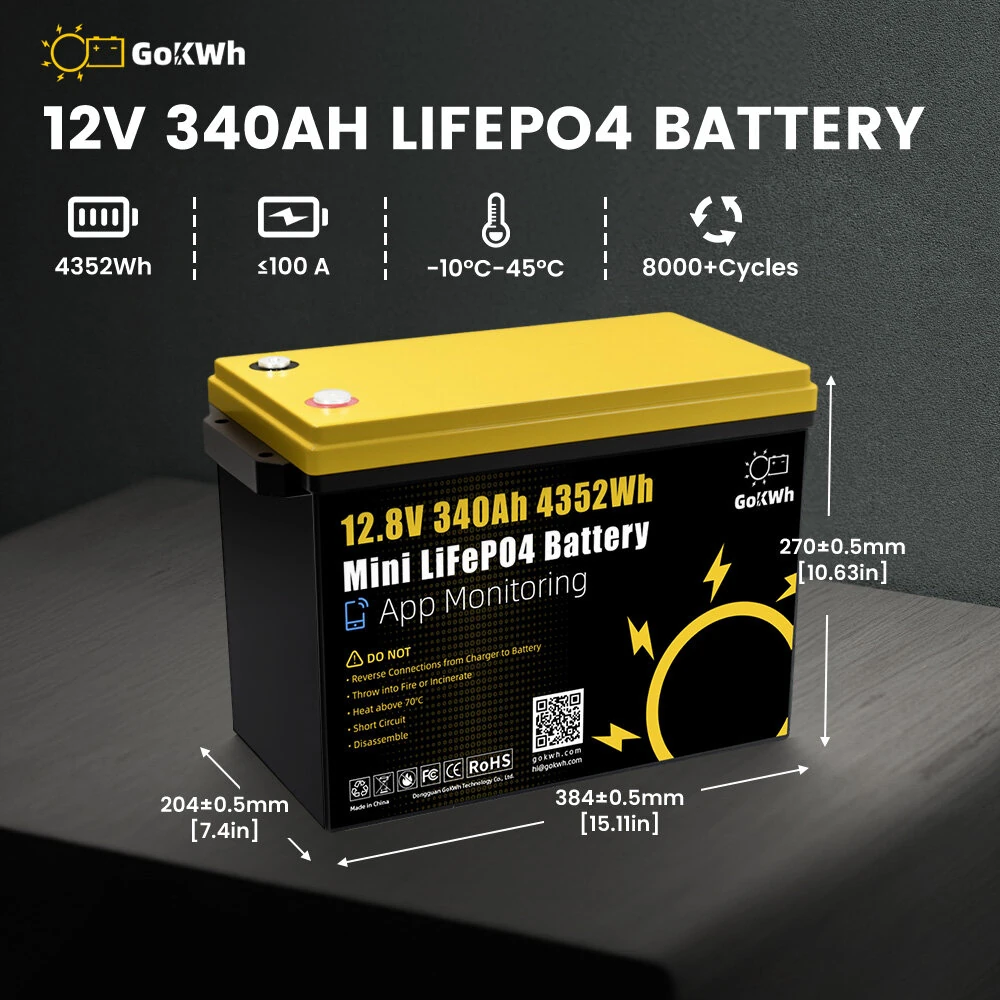 GOKWH 12V 340AH Vehicle Storage Box 4352Wh Mini LiFePO4 Battery Built-in 200A Bluetooth BMS