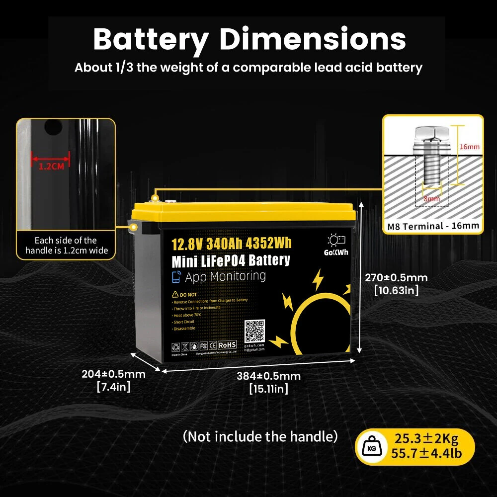GOKWH 12V 340AH Vehicle Storage Box 4352Wh Mini LiFePO4 Battery Built-in 200A Bluetooth BMS