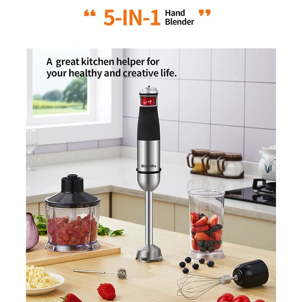 [EU Direct] BioloMix 1200W 5-in-1 Immersion Hand Stick Blender Mixer Vegetable Meat Grinder With 800ml Chopper Bowl 600ml Smoothie Cup