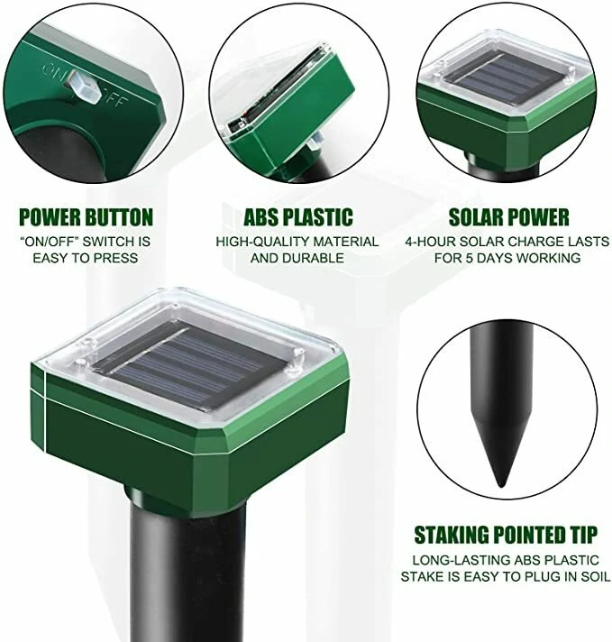 Solar Powered Mole Repellent Stakes 8pk Ultrasonic Gopher Snake Deterrent Waterproof Easy Install Offers Wide Coverage Up to 7500 Square Feet Per Stake for Outdoor Lawns and Gardens