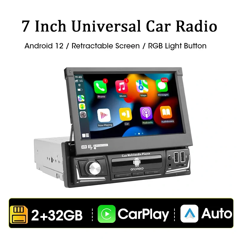 YUEHOO Retractable Car MP5 Multimedia Player 1 Din 7 inch Touchscreen IPS Display Android Wireless Carplay bluetooth GPS WIFI