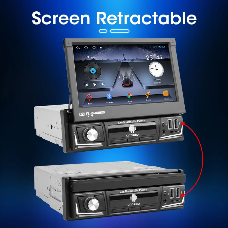 YUEHOO Retractable Car MP5 Multimedia Player 1 Din 7 inch Touchscreen IPS Display Android Wireless Carplay bluetooth GPS WIFI