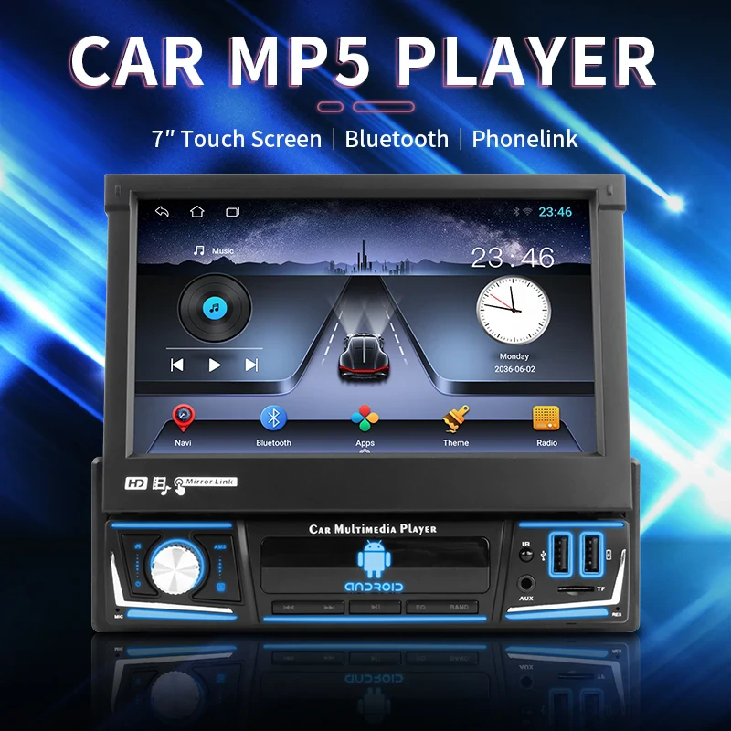 YUEHOO Retractable Car MP5 Multimedia Player 1 Din 7 inch Touchscreen IPS Display Android Wireless Carplay bluetooth GPS WIFI