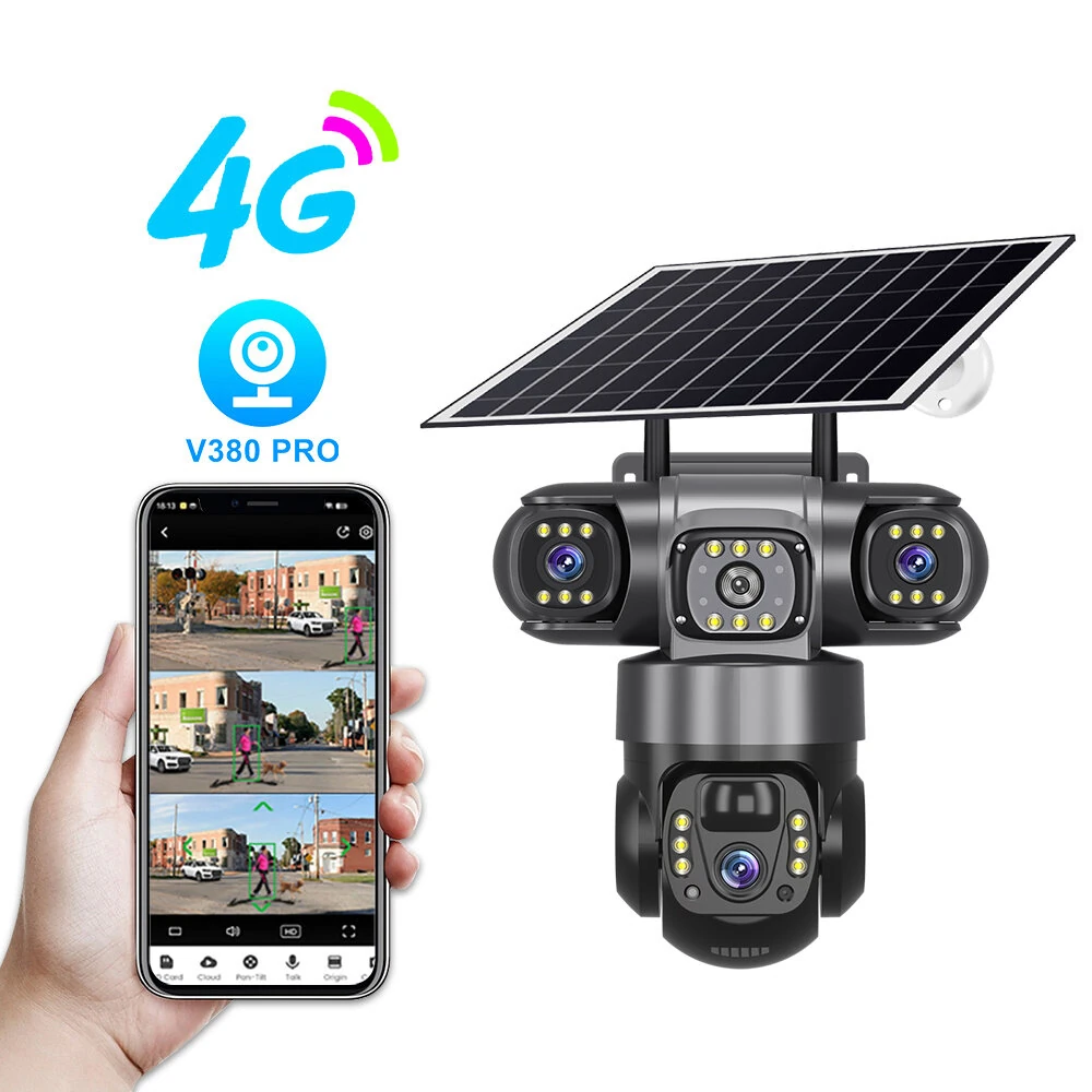V380 4G 6MP Solar Security Camera 3-Lens System Dual-Charging Night Vision Motion Alerts 4G European Version Security Camera