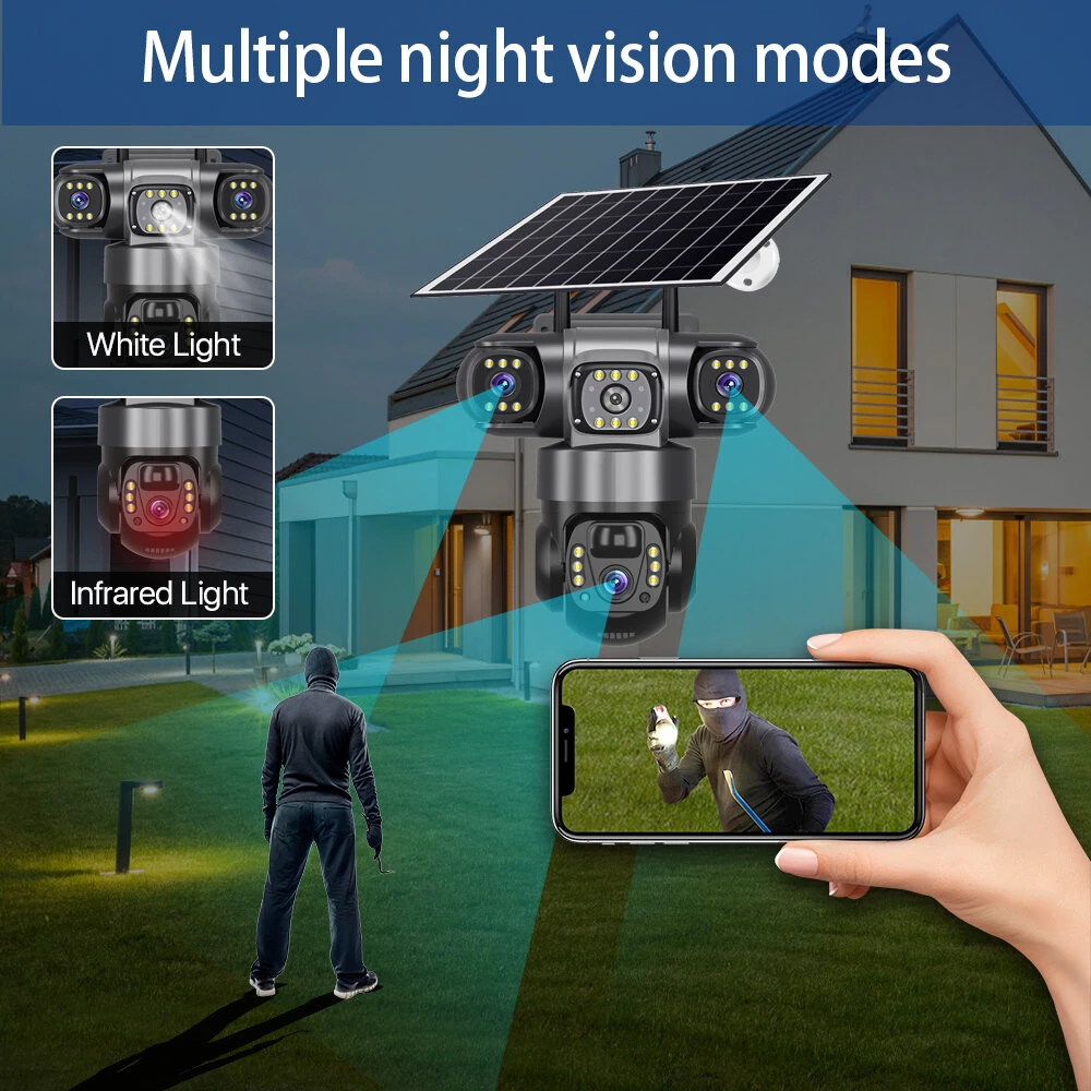 V380 4G 6MP Solar Security Camera 3-Lens System Dual-Charging Night Vision Motion Alerts 4G European Version Security Camera