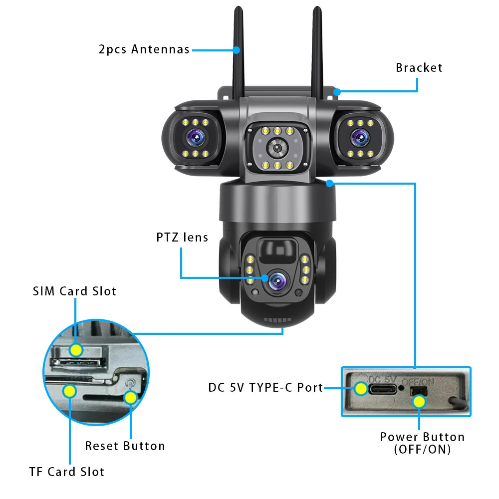 V380 4G 6MP Solar Security Camera 3-Lens System Dual-Charging Night Vision Motion Alerts 4G European Version Security Camera