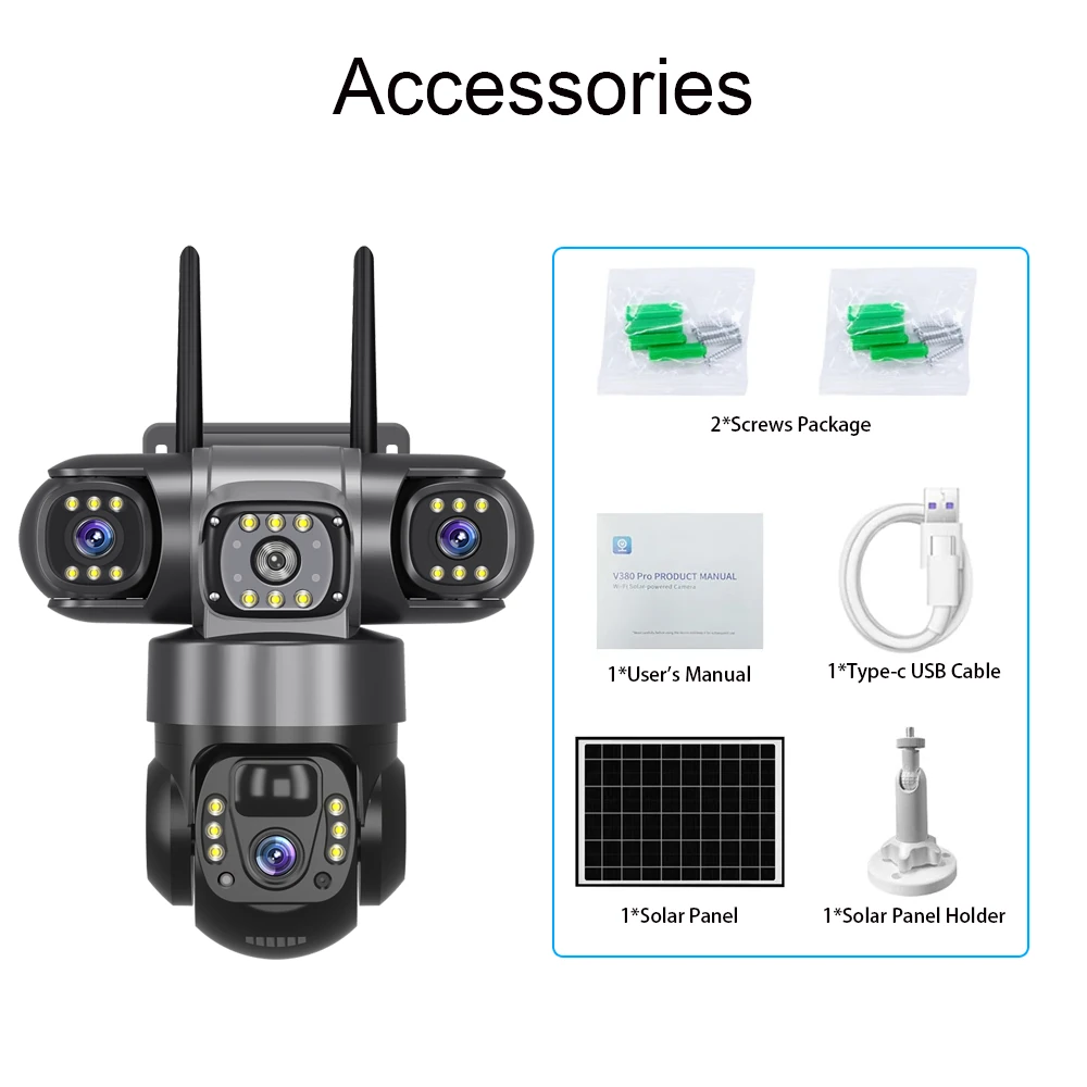 V380 4G 6MP Solar Security Camera 3-Lens System Dual-Charging Night Vision Motion Alerts 4G European Version Security Camera