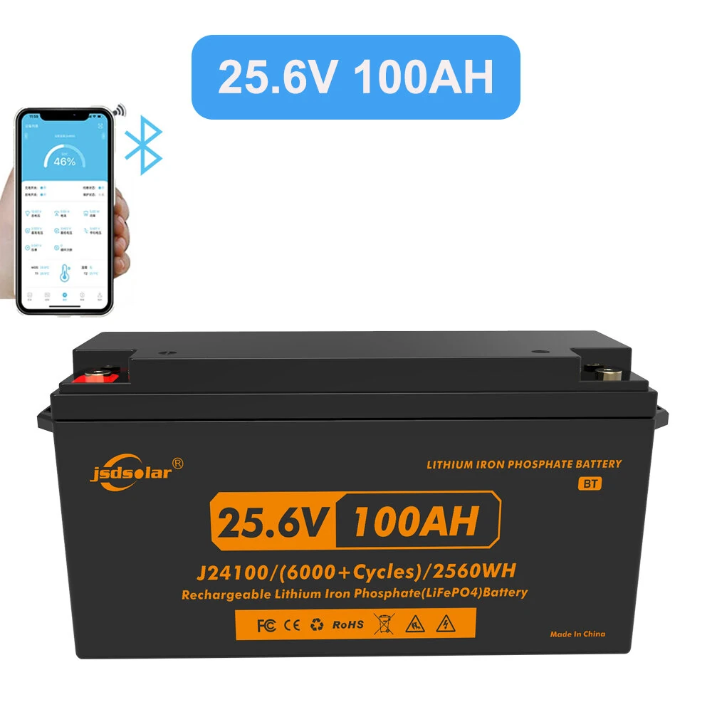 JSDSOLAR 24V 100Ah LiFePo4 Battery Pack With Bluetooth 8000+ Cycles Rechargeable Lithium Iron Phosphate Batteries For Boat RV