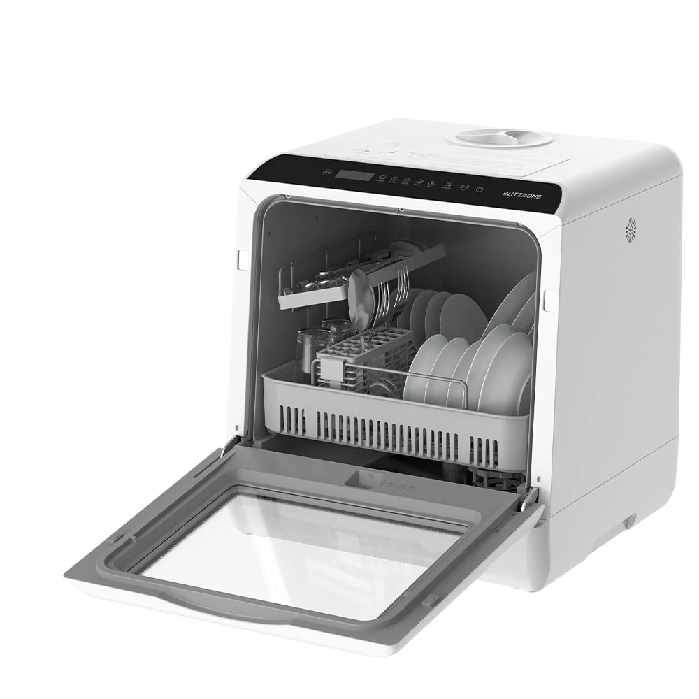BlitzHome® BH-CDW1 Smart Portable Countertop Dishwasher with APP Control, 4-6 Sets Big Capacity, Dual Water Inlet Modes, 360°Spraying, 75°High Temperature, Five Cleaning Modes, Drying Function