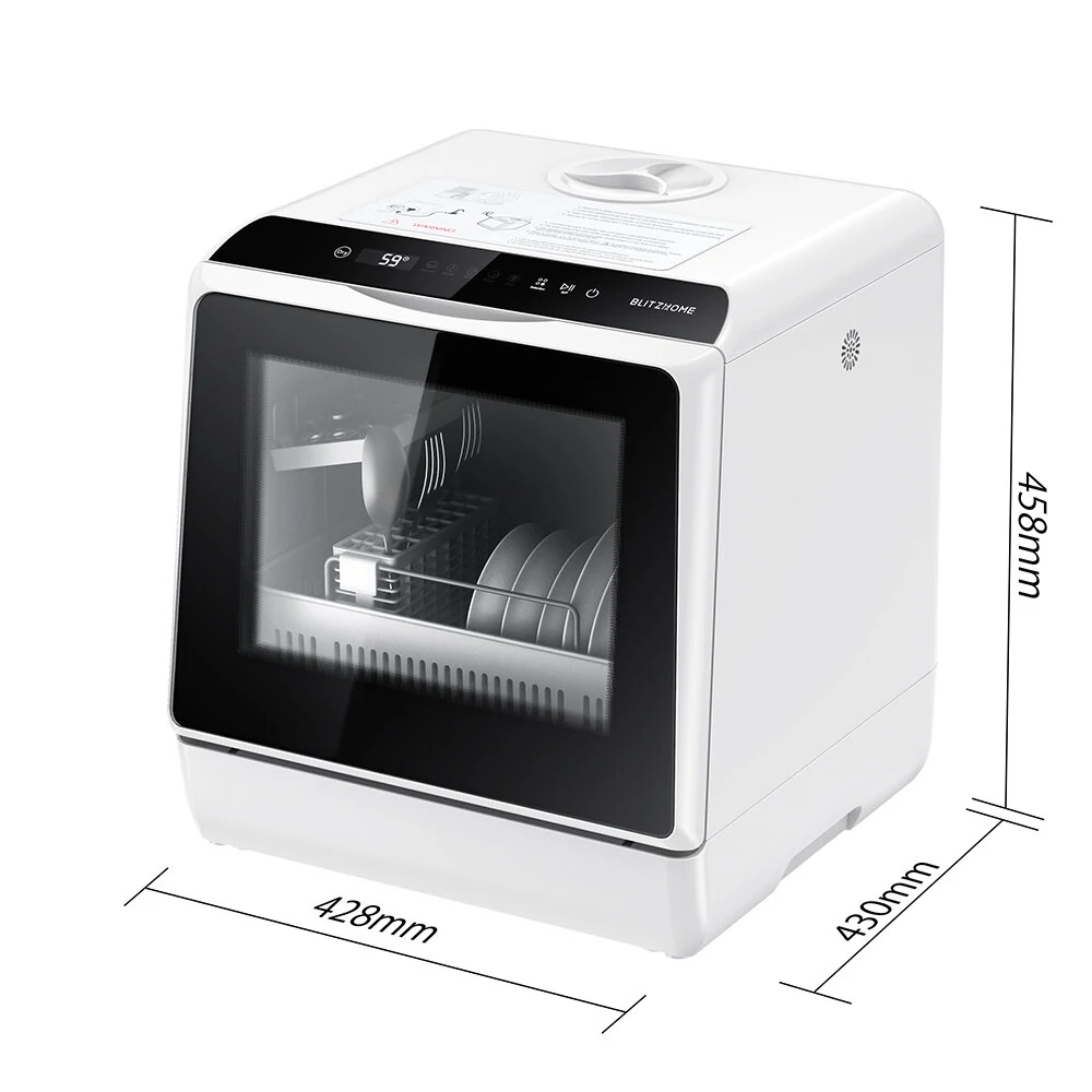 BlitzHome® BH-CDW1 Smart Portable Countertop Dishwasher with APP Control, 4-6 Sets Big Capacity, Dual Water Inlet Modes, 360°Spraying, 75°High Temperature, Five Cleaning Modes, Drying Function