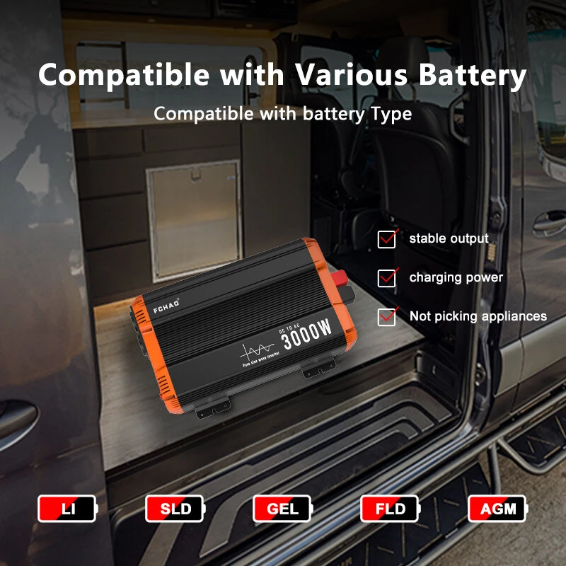 [EU Direct] FCHAO DC 12V/24V/48V To AC 230V Pure Sine Wave Inverter 3000W(Peak Power 6000 Watt) Solar Power Inverter Car Inverter With 2 AC Socket LCD Display EU Socket