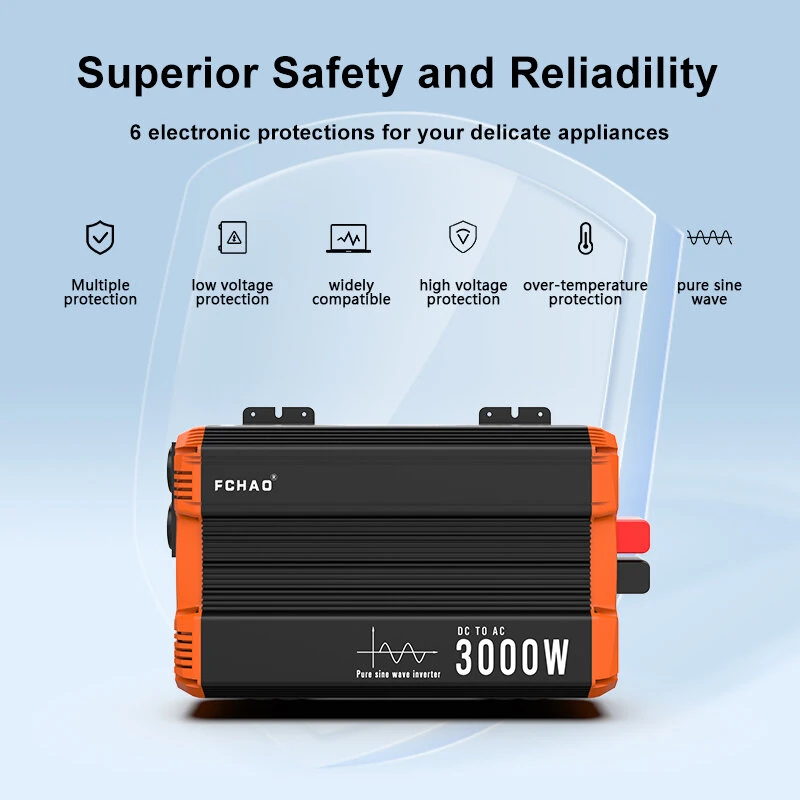 [EU Direct] FCHAO DC 12V/24V/48V To AC 230V Pure Sine Wave Inverter 3000W(Peak Power 6000 Watt) Solar Power Inverter Car Inverter With 2 AC Socket LCD Display EU Socket