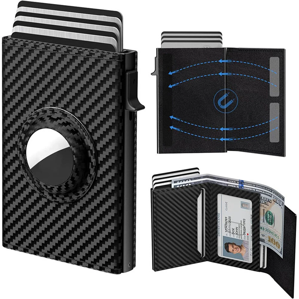 AirTag Microfiber Men's Automatic Popup Card Holder Tri-fold RFID Anti-theft Brush Purse Wallet Credit Card Clip