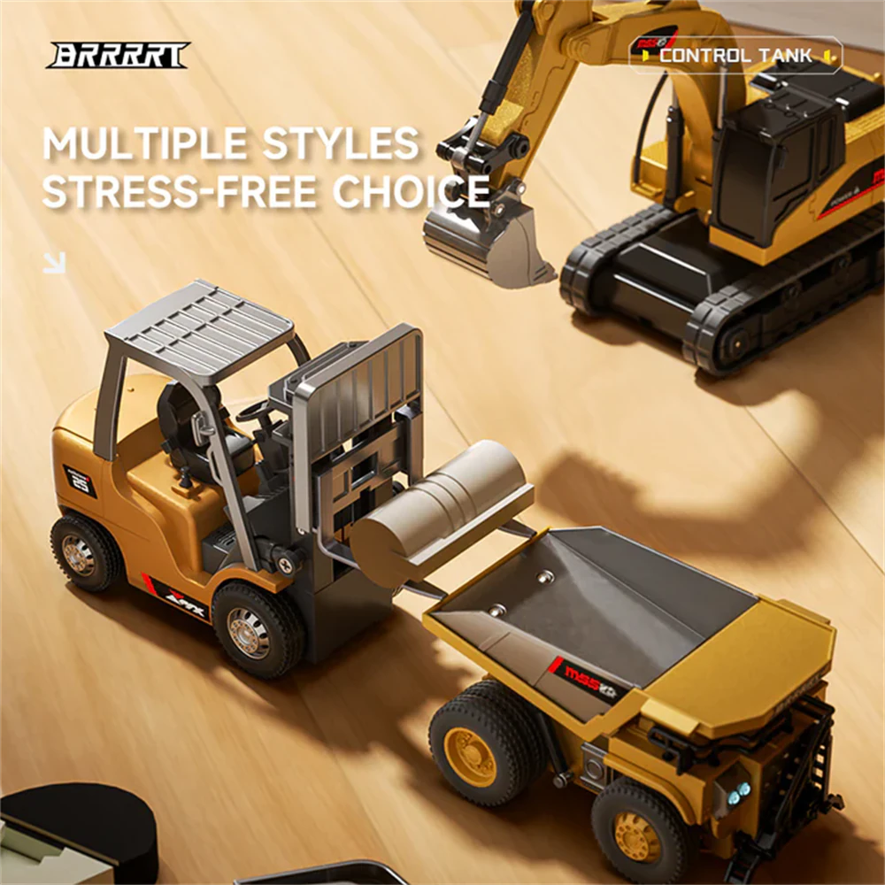 BRRRRT RTR 1/64 2.4G Mini RC Car Alloy Forklift Excavator Dump Truck Support App Remote Controlled LED Light Sound Engineering Vehicle Desktop Toys Model Collection Gift For Boys