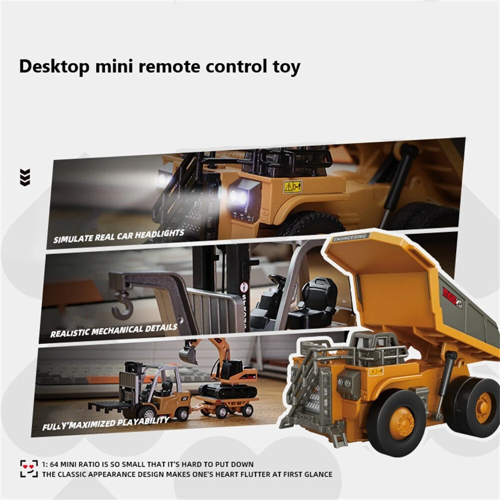 BRRRRT RTR 1/64 2.4G Mini RC Car Alloy Forklift Excavator Dump Truck Support App Remote Controlled LED Light Sound Engineering Vehicle Desktop Toys Model Collection Gift For Boys
