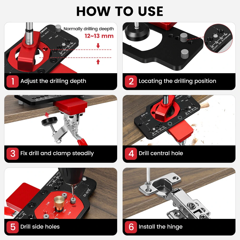 ENJOYWOOD Aluminum Alloy 35MM Hinge Boring Hole Drill Guide Hinge Jig with Clamp For Woodworking Cabinet Door Installation