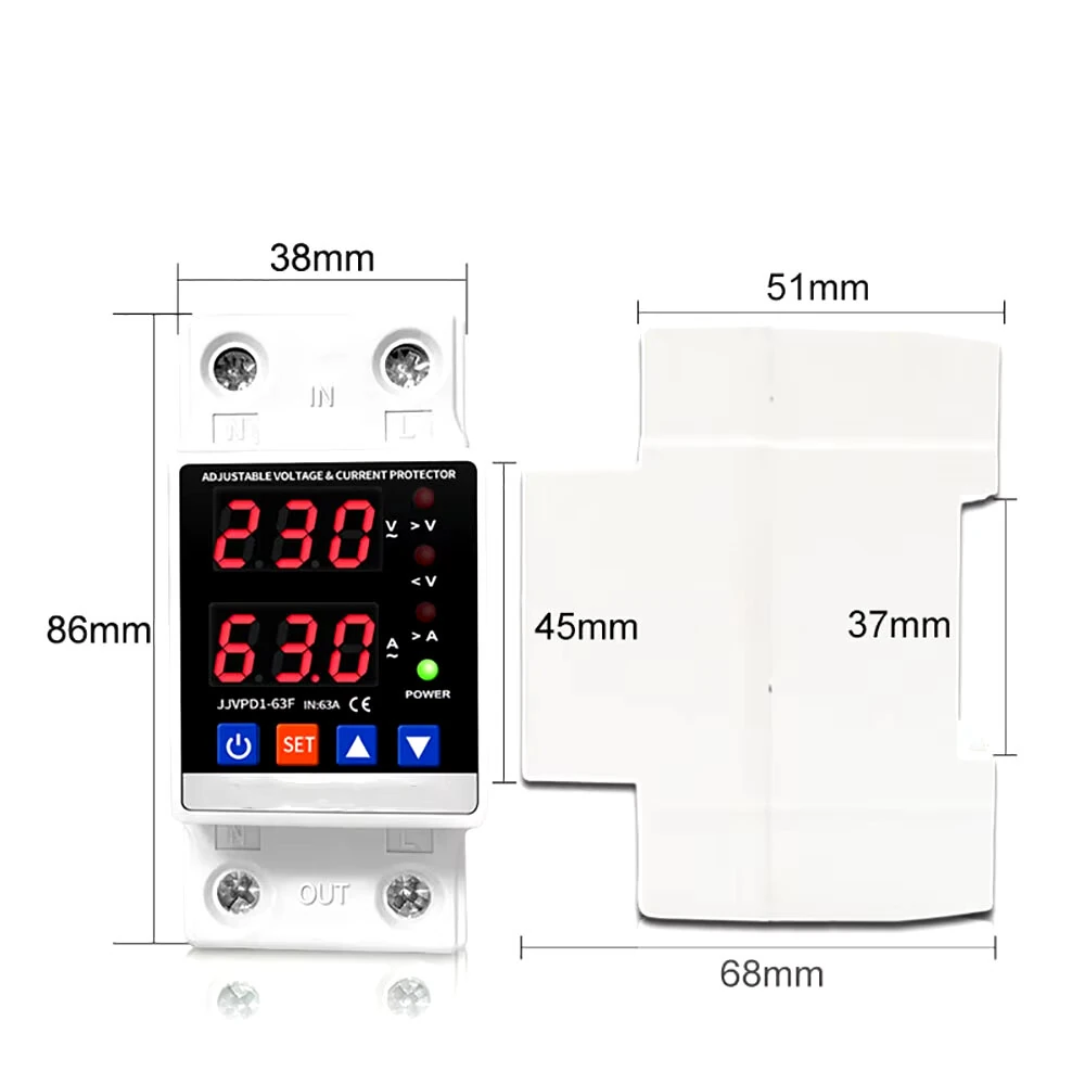 Dual Display 40A 63A 80A 230V Din Rail Adjustable Digital Over Under Voltage Relay Surge Protector Limit Over Current Protection