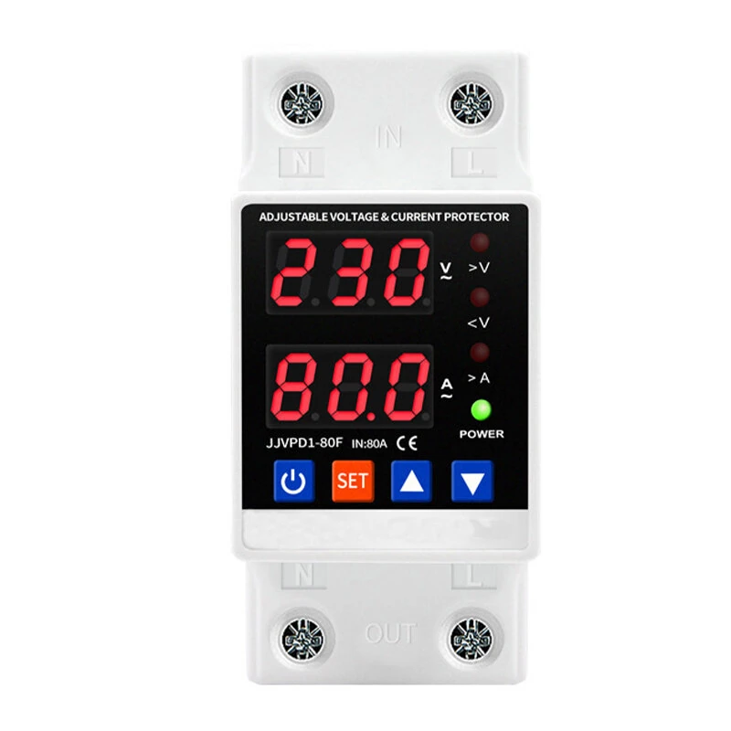 Dual Display 40A 63A 80A 230V Din Rail Adjustable Digital Over Under Voltage Relay Surge Protector Limit Over Current Protection