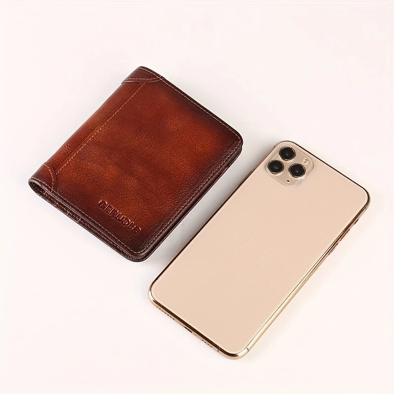 Ekphero Men's Wallet Genuine Leather RFID Blocking Short Wallet Vintage Thin Multi Function ID Credit Card Holder Flip-flop Male Money Purse