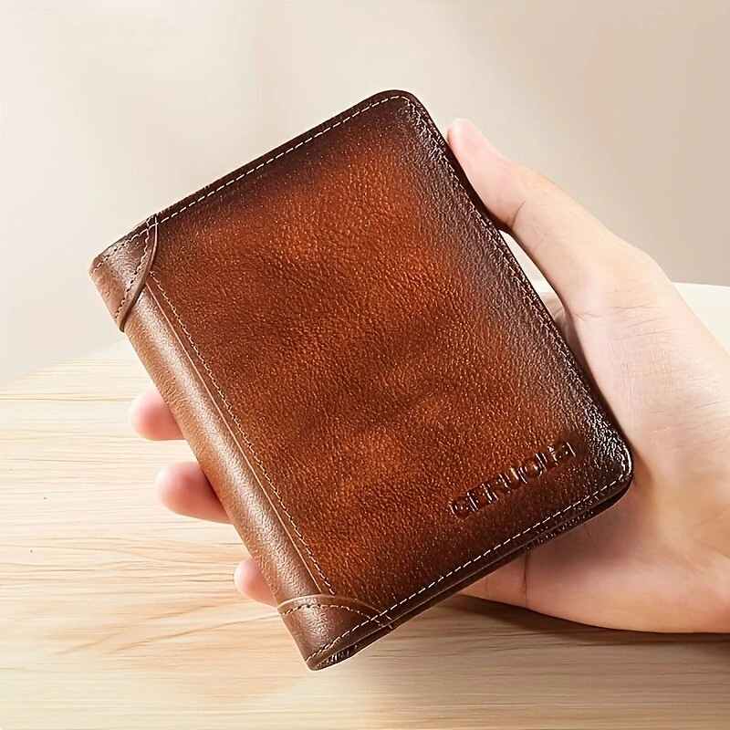 Ekphero Men's Wallet Genuine Leather RFID Blocking Short Wallet Vintage Thin Multi Function ID Credit Card Holder Flip-flop Male Money Purse