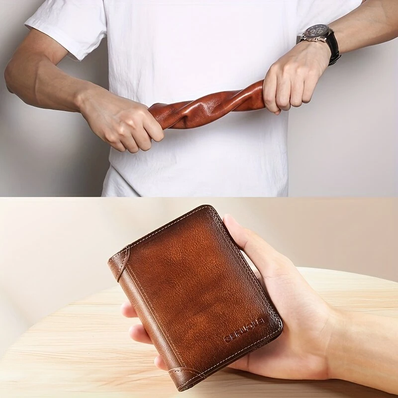 Ekphero Men's Wallet Genuine Leather RFID Blocking Short Wallet Vintage Thin Multi Function ID Credit Card Holder Flip-flop Male Money Purse