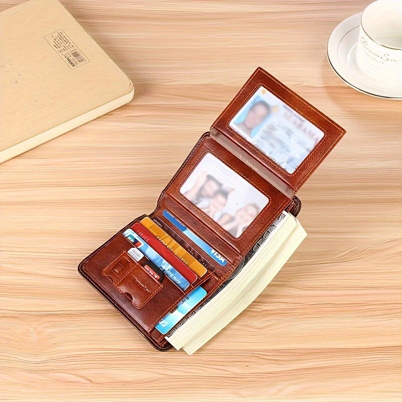 Ekphero Men's Wallet Genuine Leather RFID Blocking Short Wallet Vintage Thin Multi Function ID Credit Card Holder Flip-flop Male Money Purse