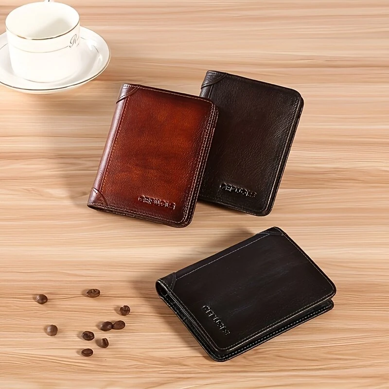 Ekphero Men's Wallet Genuine Leather RFID Blocking Short Wallet Vintage Thin Multi Function ID Credit Card Holder Flip-flop Male Money Purse