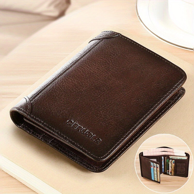 Ekphero Men's Wallet Genuine Leather RFID Blocking Short Wallet Vintage Thin Multi Function ID Credit Card Holder Flip-flop Male Money Purse