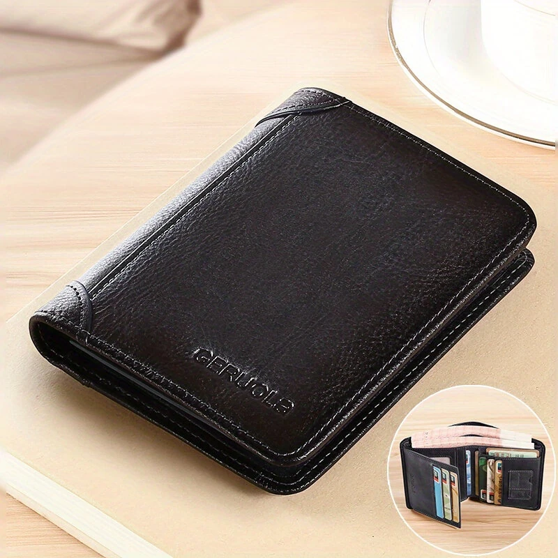 Ekphero Men's Wallet Genuine Leather RFID Blocking Short Wallet Vintage Thin Multi Function ID Credit Card Holder Flip-flop Male Money Purse