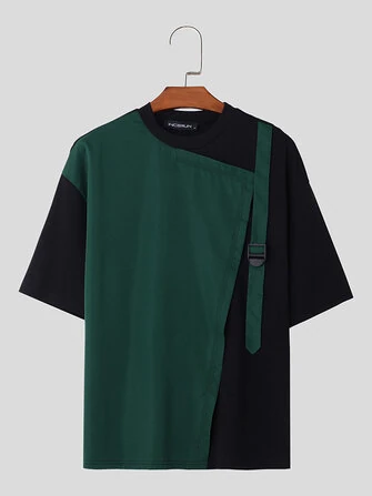 INCERUN Mens Fashion Fashion Color Block Stitching Buckle Design Short Sleeve T-Shirt